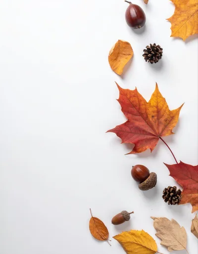 Autumn Leaves and Acorns on White Background