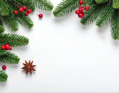 Christmas Pine Branches With Red Berries And Star Anise
