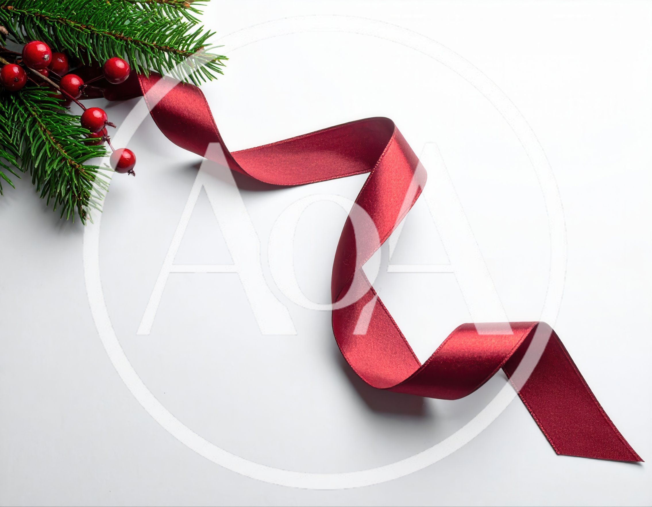 Christmas Pine Branch With Red Ribbon
