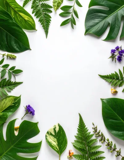 Tropical Leaf Frame With Purple Flowers On White Background