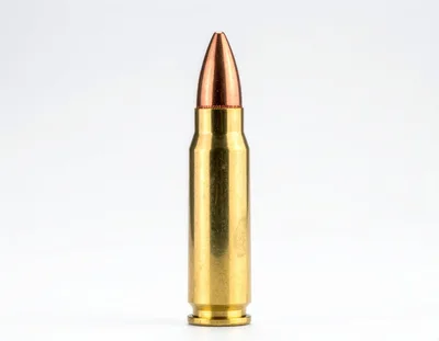 Single Brass Rifle Cartridge On White Background