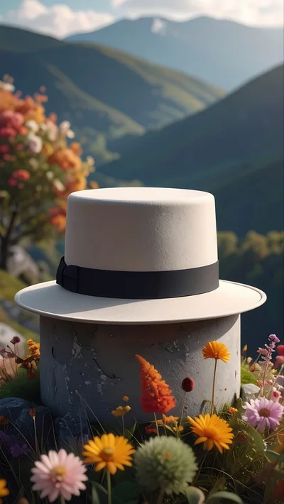 White Fedora Hat on Stone Pedestal in Mountain Meadow
