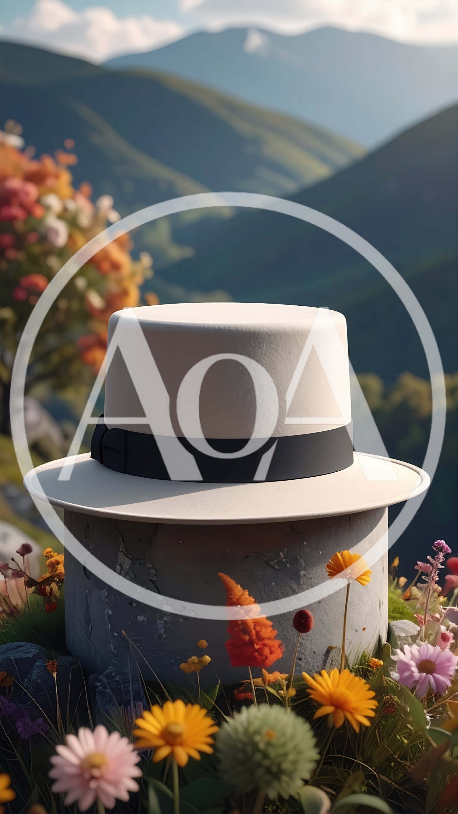 White Fedora Hat on Stone Pedestal in Mountain Meadow