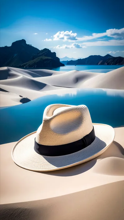 White Fedora Hat Resting On Sand Dunes Near Water