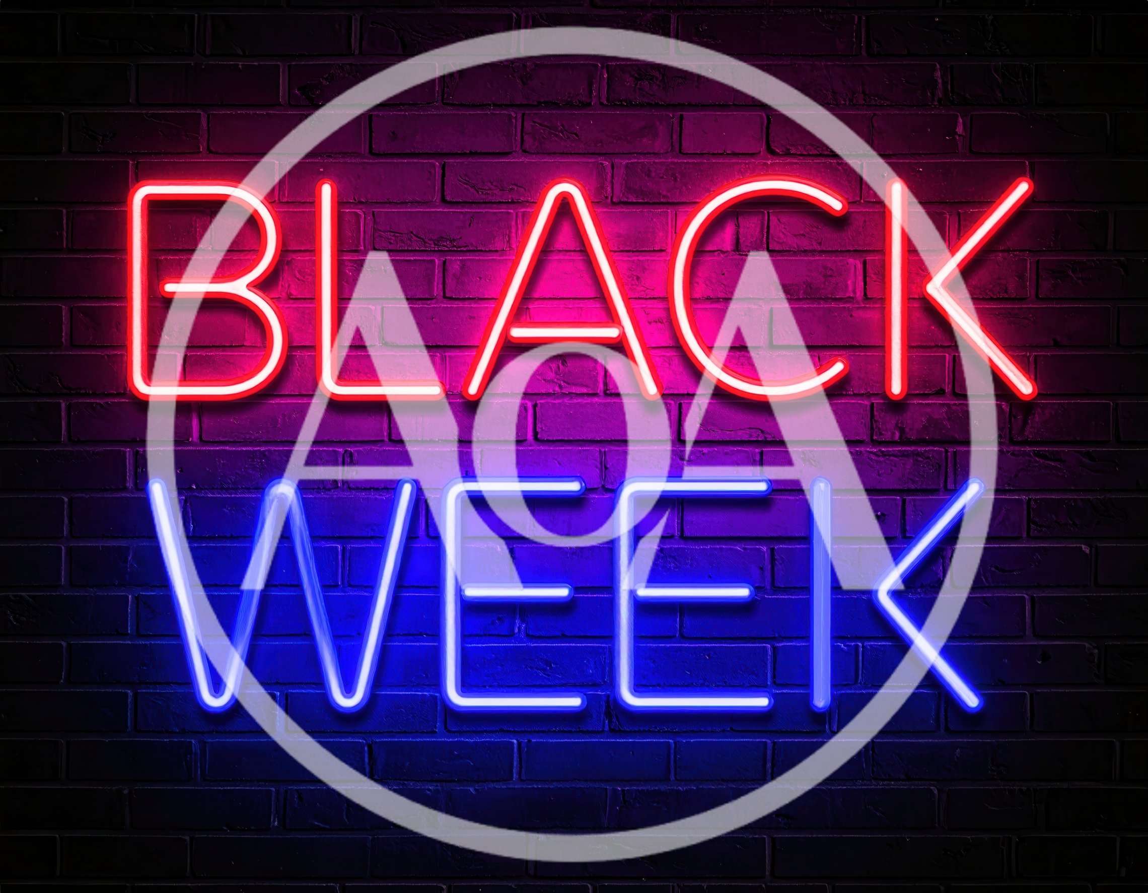 Neon Black Week Sign on Dark Brick Wall