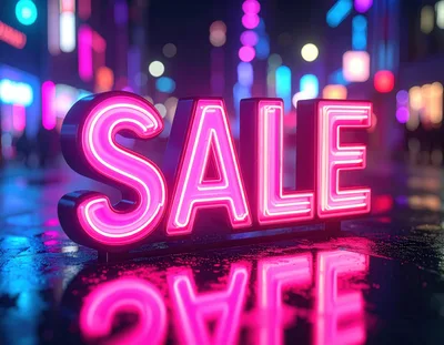 Neon Pink Sale Sign on Wet City Street
