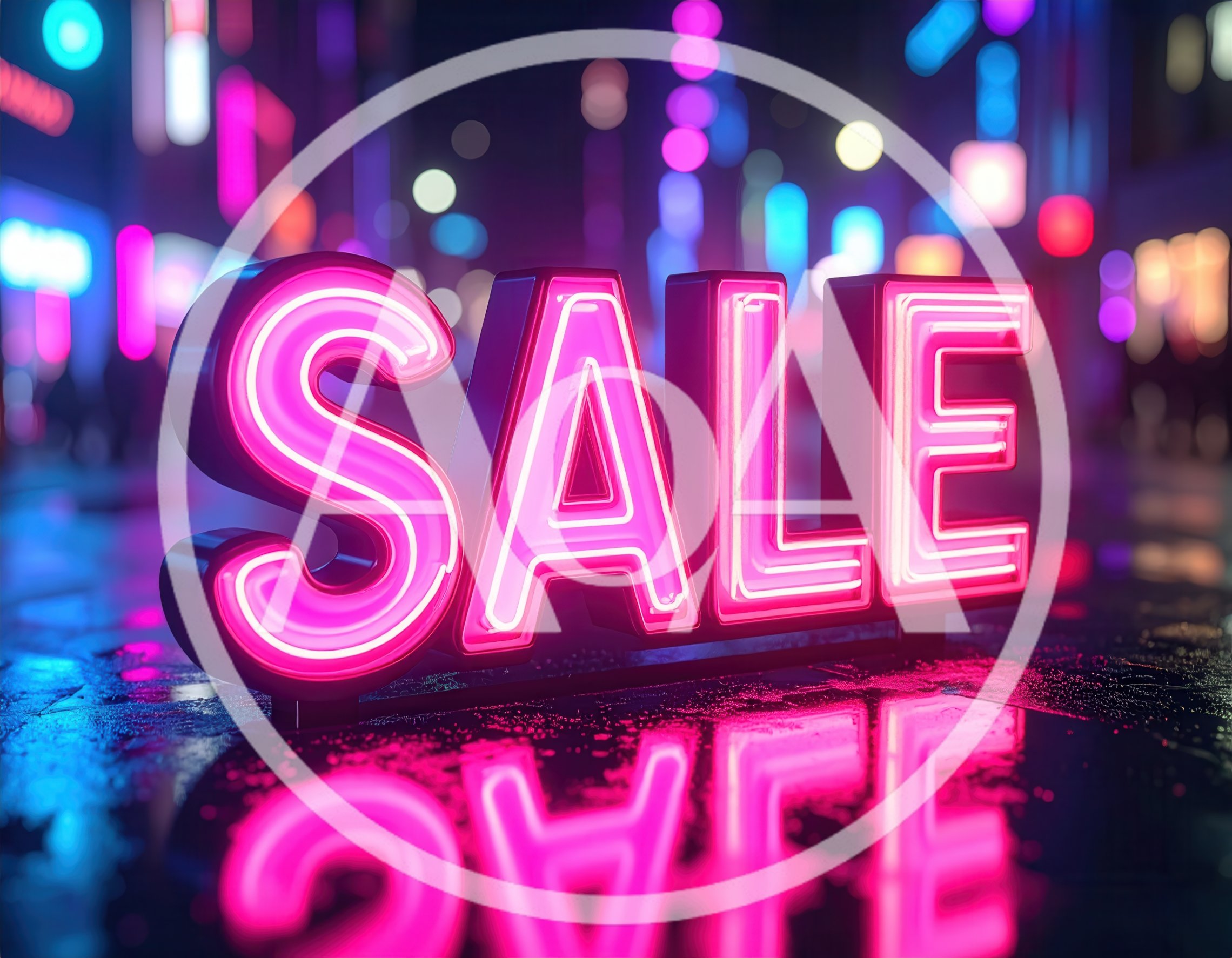 Neon Pink Sale Sign on Wet City Street