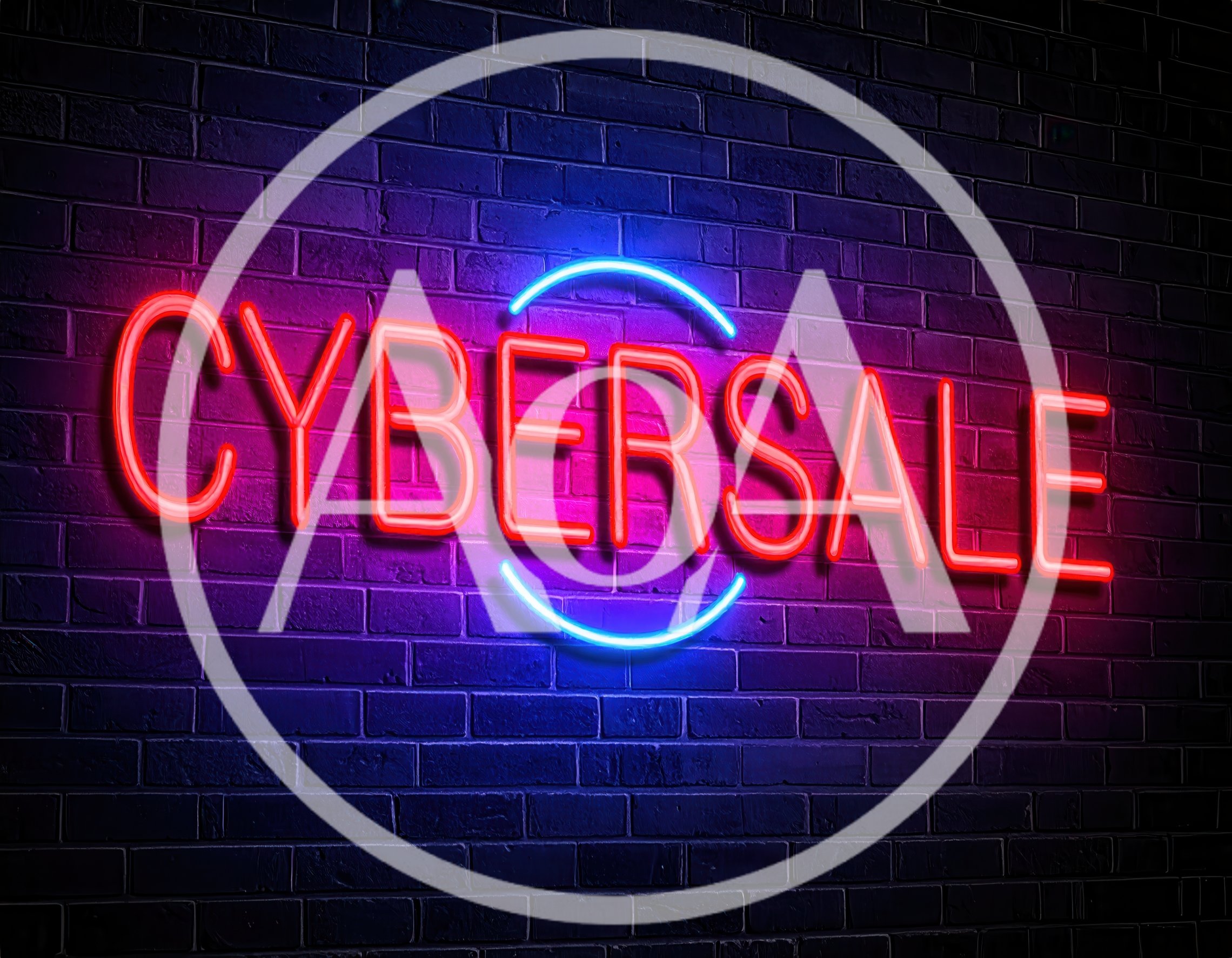Neon Cyber Sale Sign on Dark Brick Wall