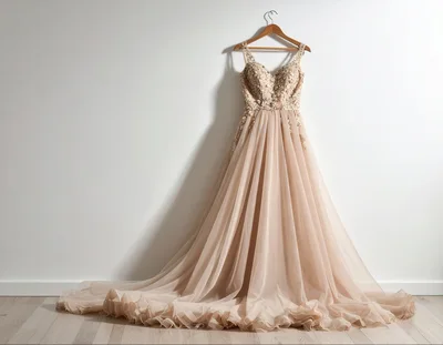 Elegant Beige Wedding Dress Hanging Against White Wall