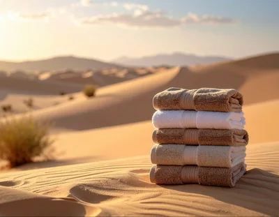Stack of Folded Towels on Desert Sand Dunes