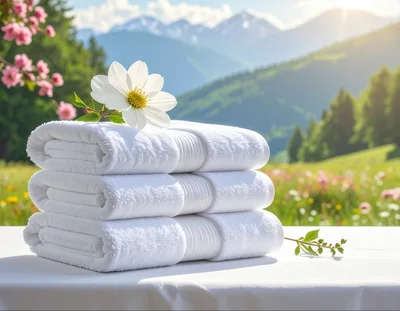 Stack Of White Towels With Flower In Mountain Meadow