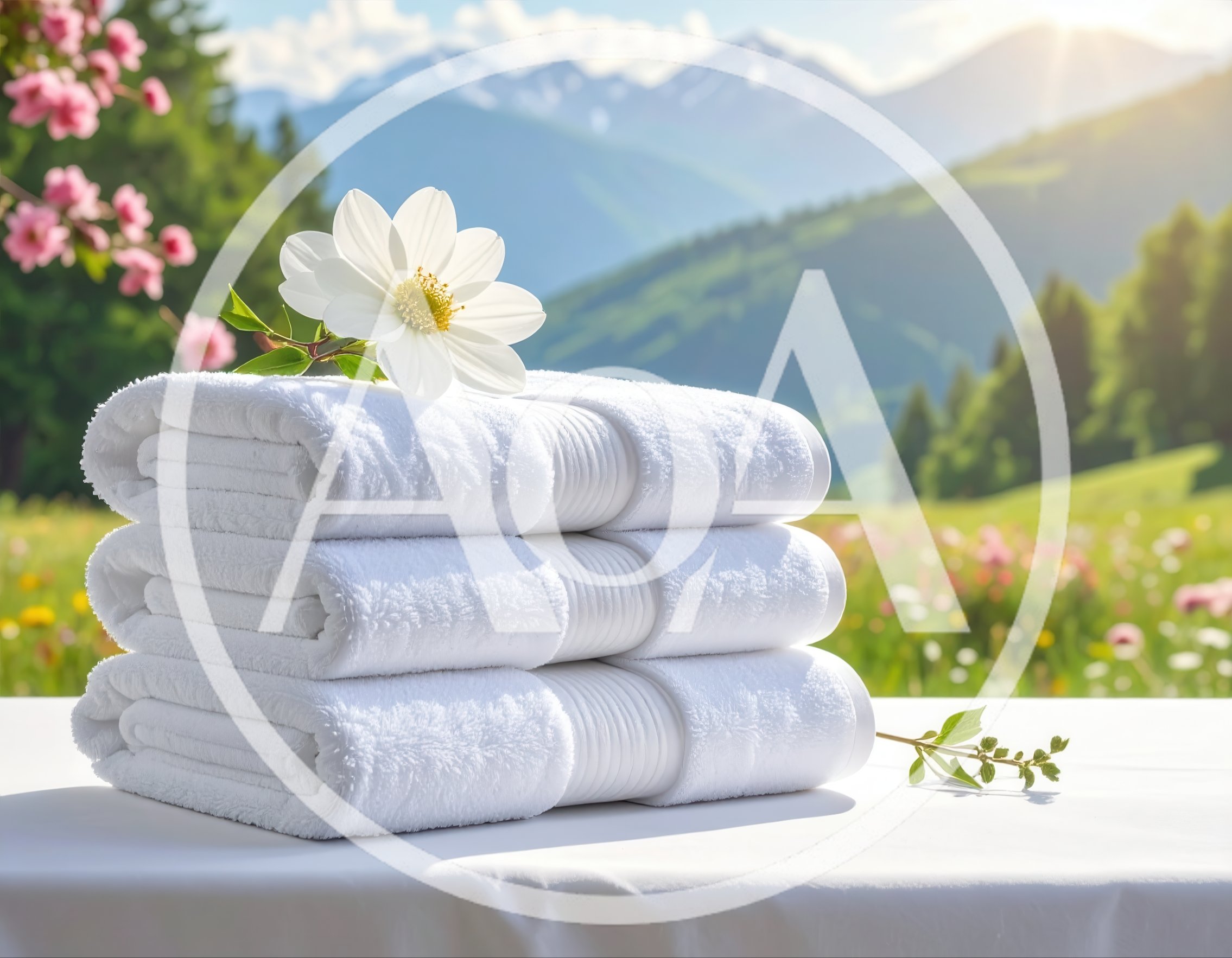 Stack Of White Towels With Flower In Mountain Meadow