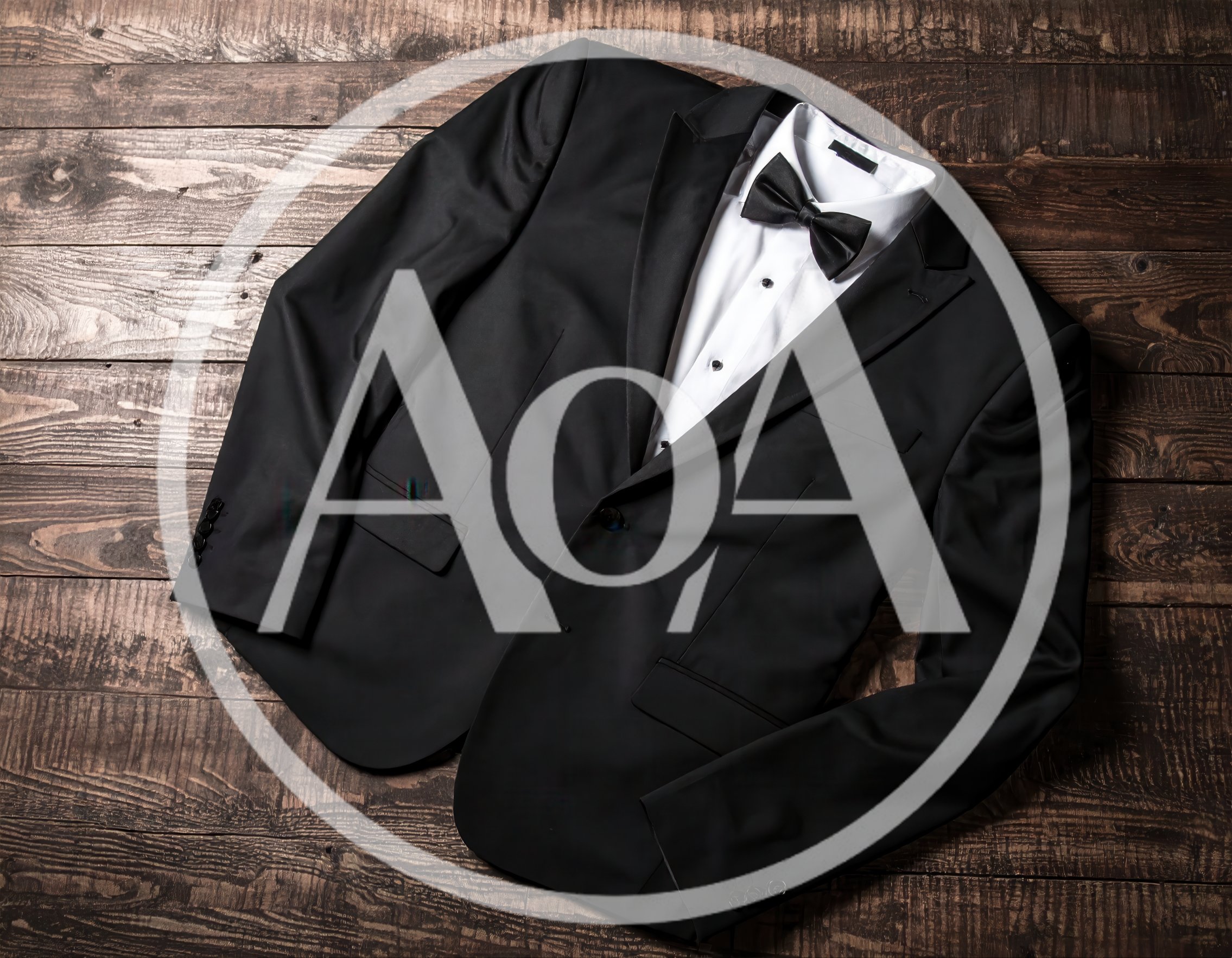 Black Tuxedo Jacket and White Shirt on Wooden Background