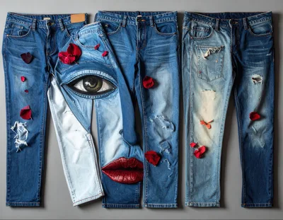 Artistic Denim Jeans Display With Surreal Face Design