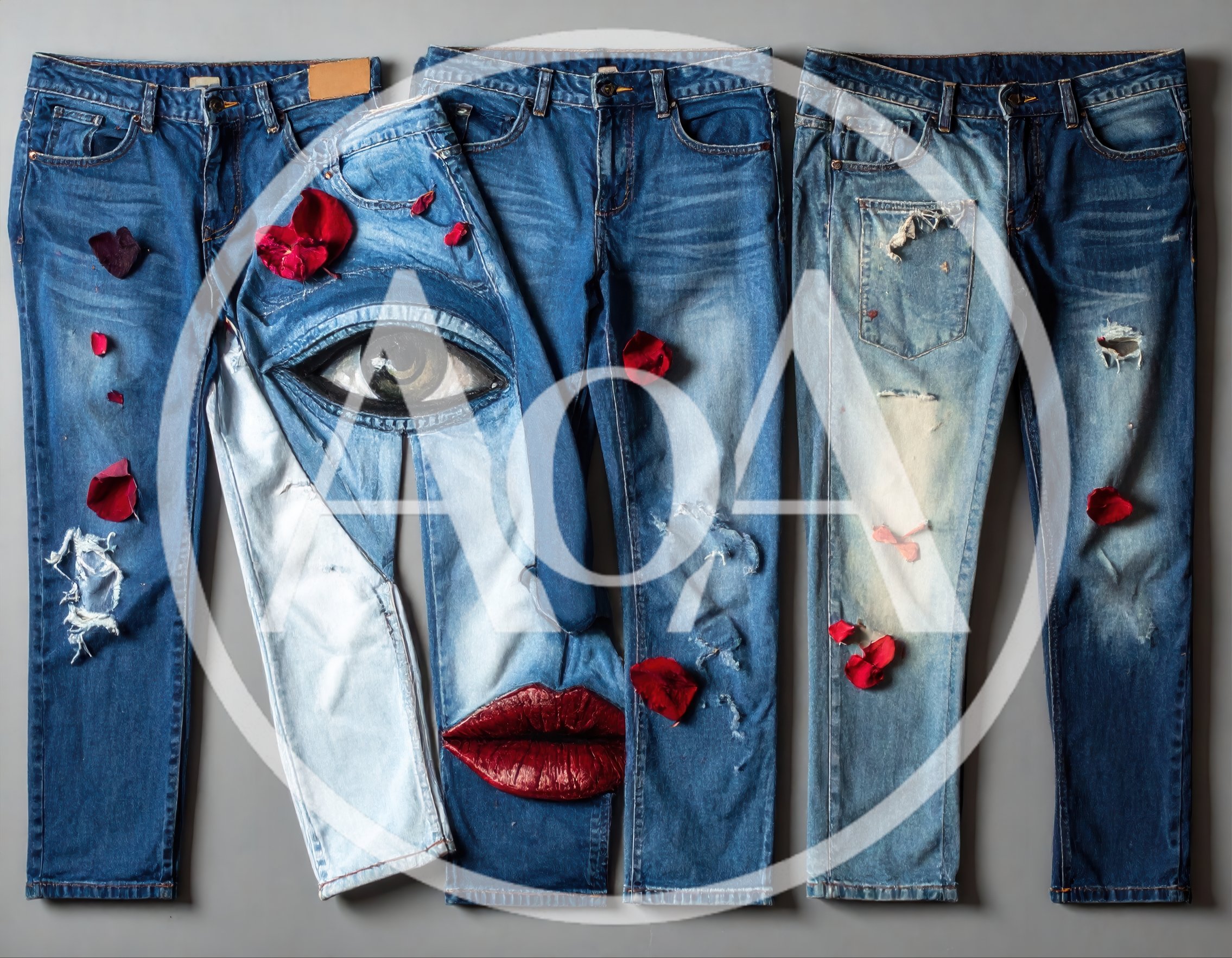 Artistic Denim Jeans Display With Surreal Face Design