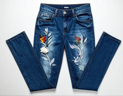 Blue Denim Jeans With Floral Embroidery