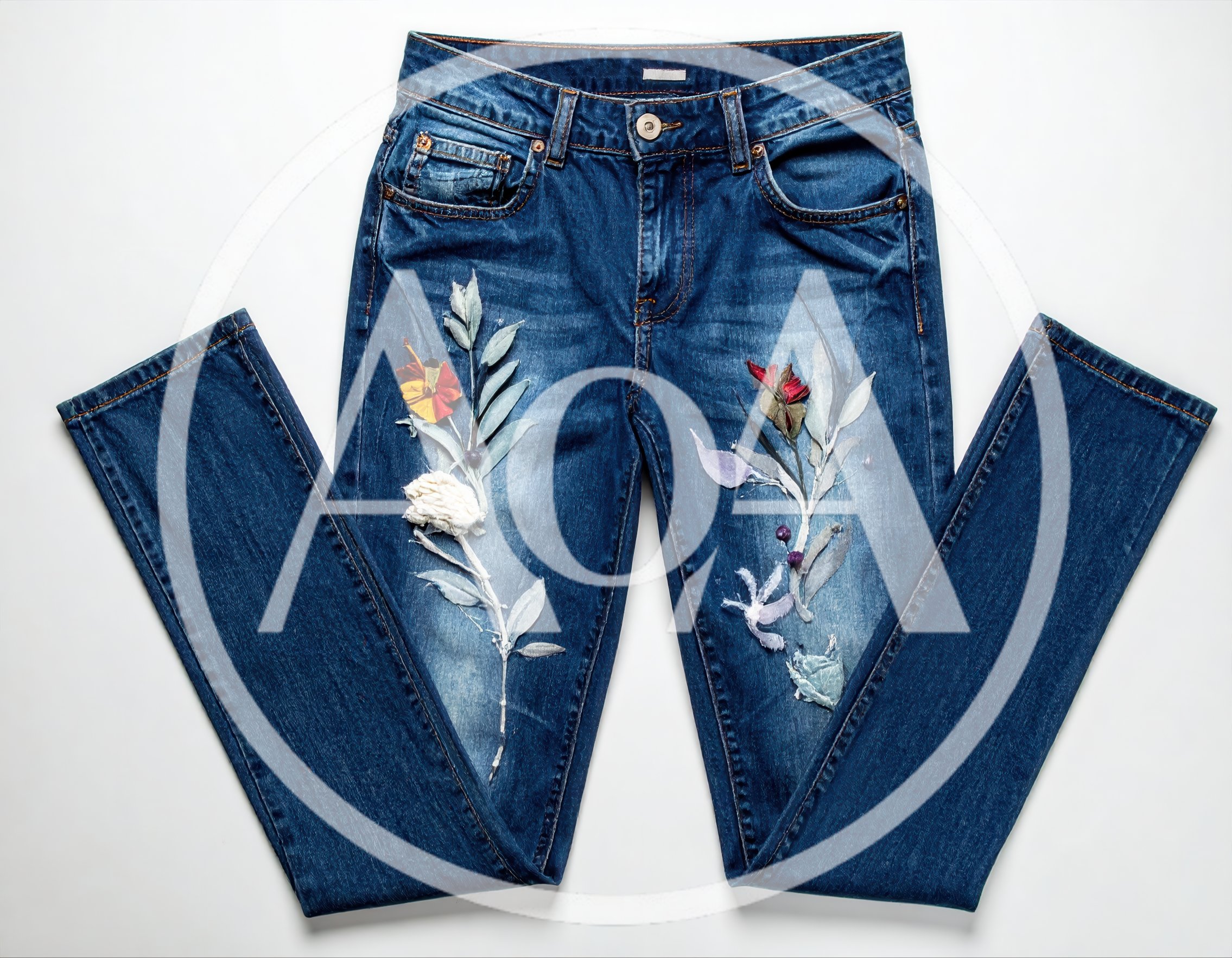 Blue Denim Jeans With Floral Embroidery