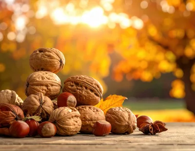 Walnuts and Hazelnuts on Wooden Table in Autumn