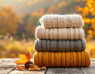 Stack Of Folded Knitted Sweaters On Wooden Table