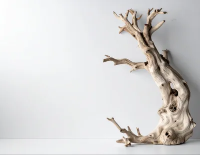 Weathered Driftwood Sculpture Against A Plain White Background