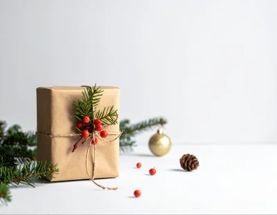 Christmas Gift Wrapped in Brown Paper with Berries