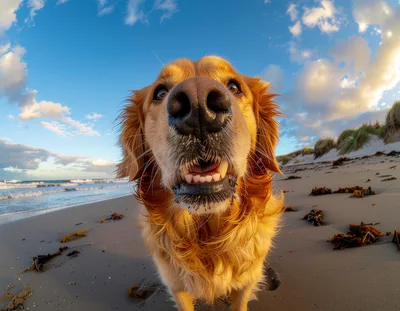Golden Retriever Dog Close Up On Beach