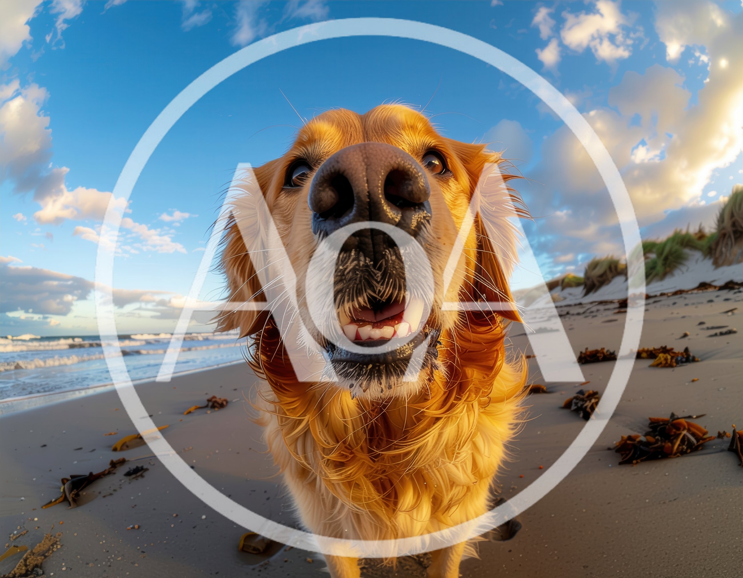 Golden Retriever Dog Close Up On Beach
