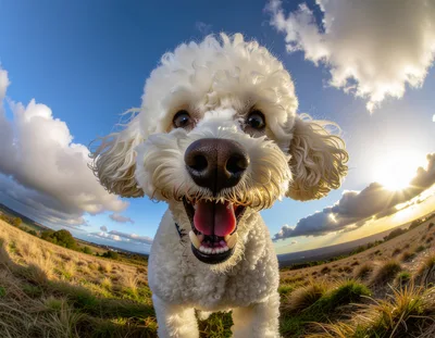 Happy White Poodle Dog Outdoors
