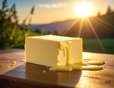 Block Of Melting Butter On A Wooden Table