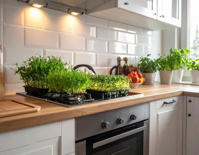 Microgreens Growing In Trays On Kitchen Stove