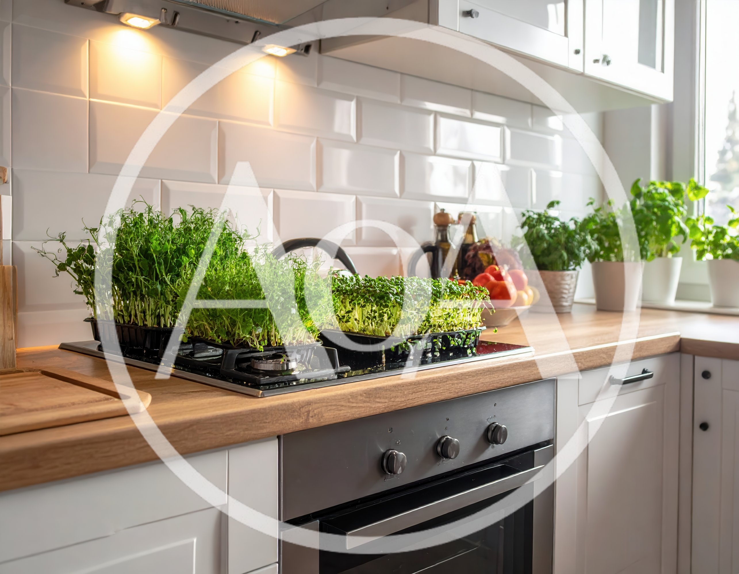 Microgreens Growing In Trays On Kitchen Stove