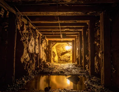 Abandoned Underground Mine Tunnel With Wooden Supports