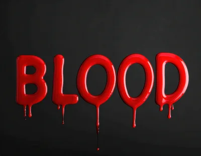 Red Glossy Blood Text Dripping On Black Background