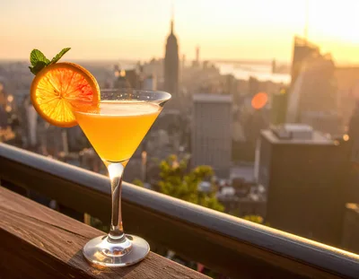 Cocktail Glass With Orange Garnish Overlooking New York City