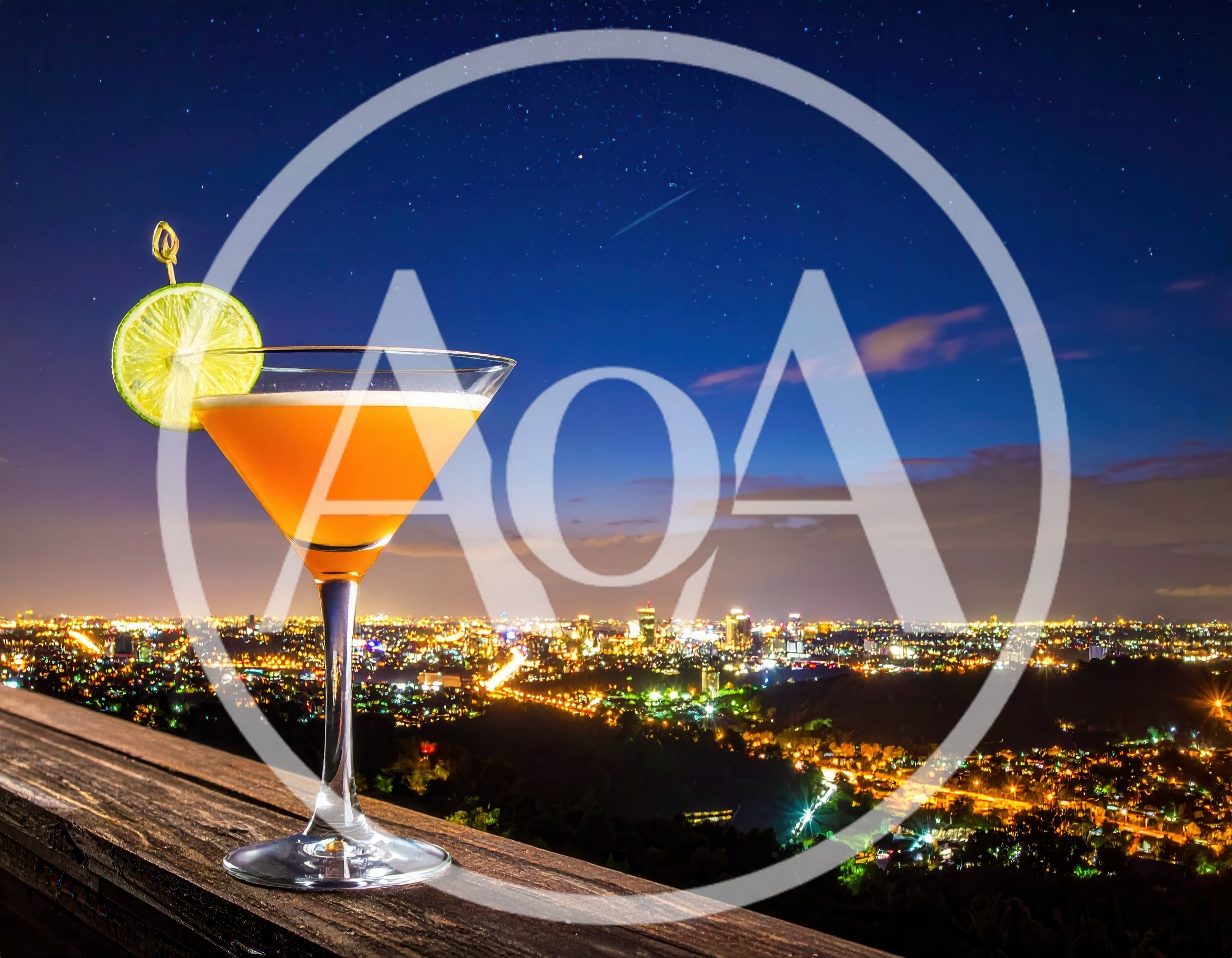 Cocktail Glass With Lime Garnish Overlooking City Skyline