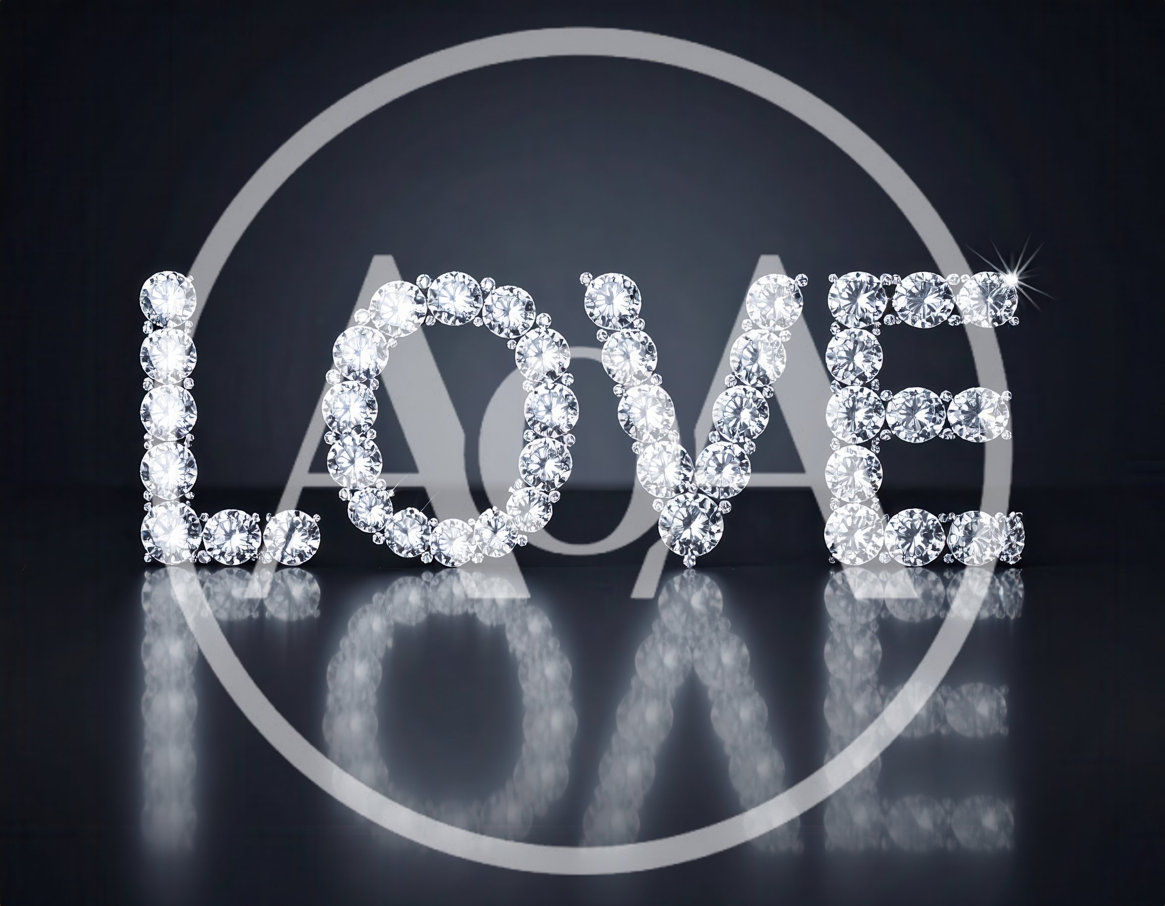 Diamond Studded Love Text On Reflective Surface