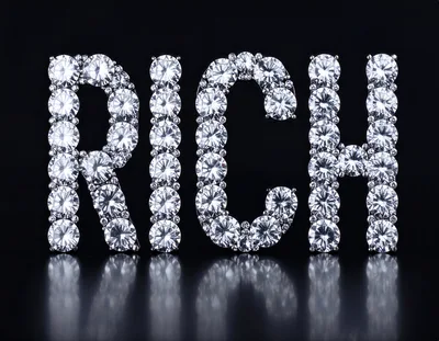 Diamond Studded Letters Spelling Rich On Black Background