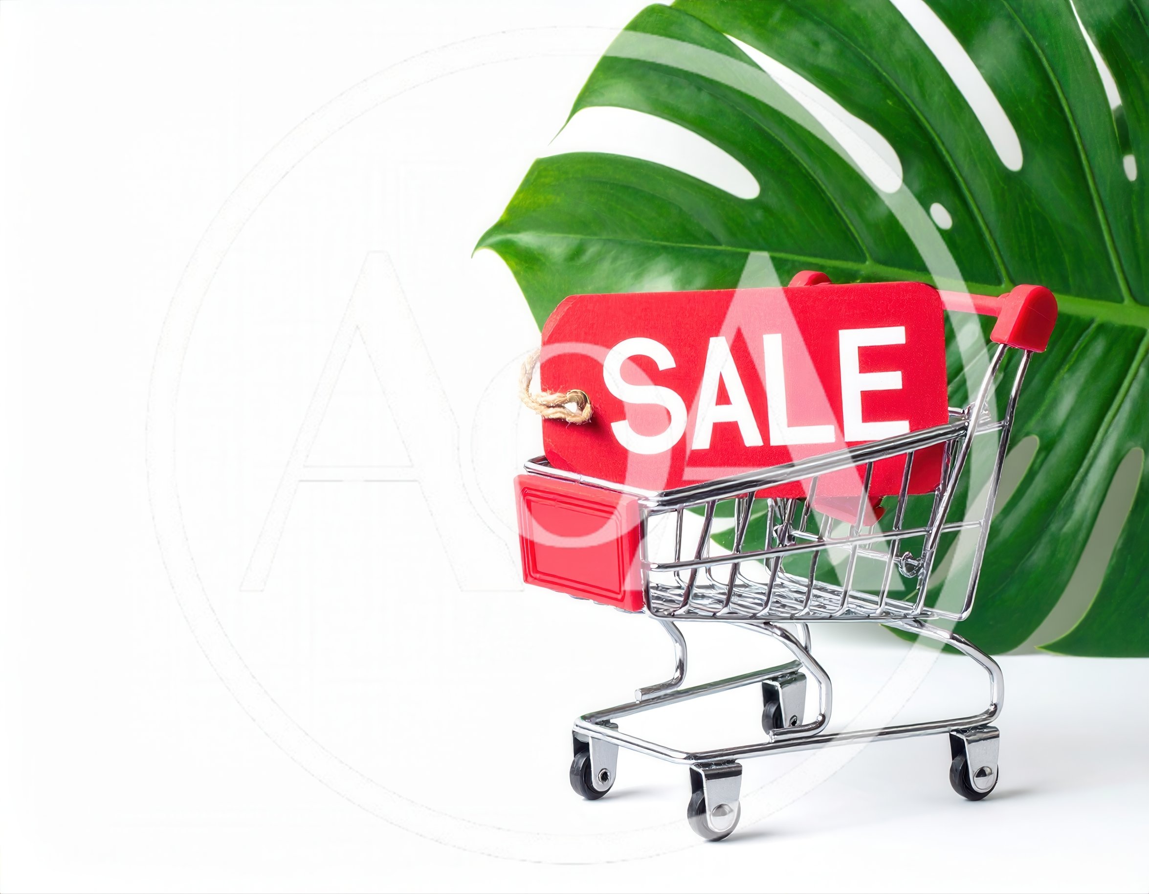 Miniature Shopping Cart With Sale Tag And Monstera Leaf