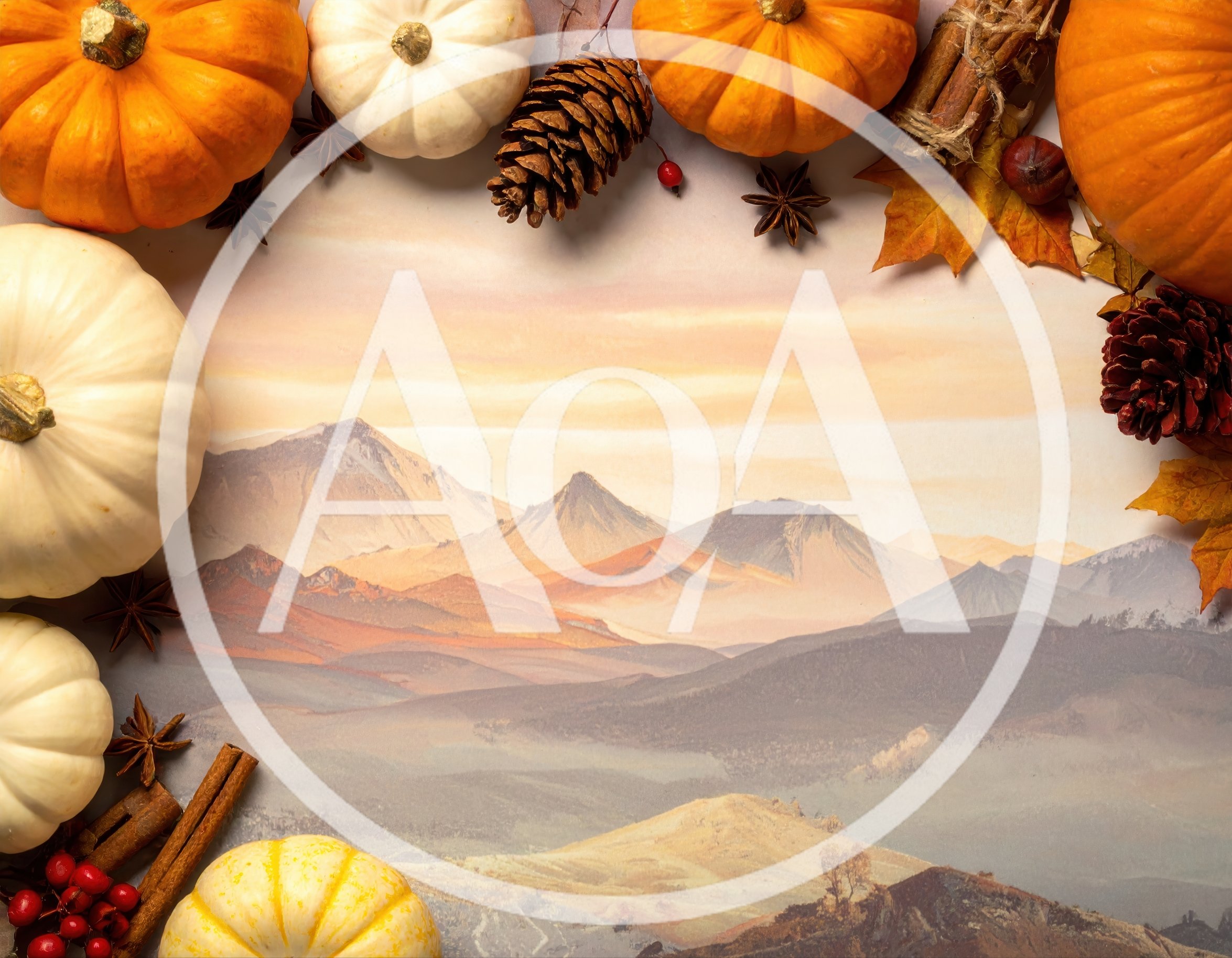 Autumnal Flat Lay With Pumpkins And Mountain Landscape