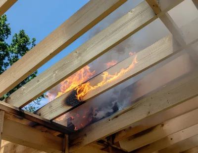 Wooden Roof Structure Engulfed In Active Fire