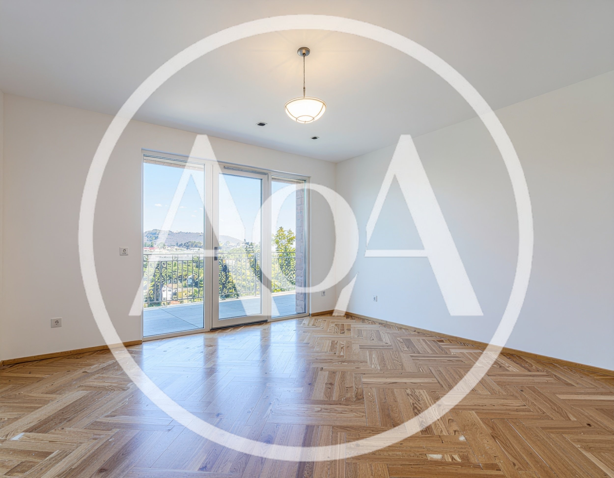 Empty Modern Room With Herringbone Wood Flooring