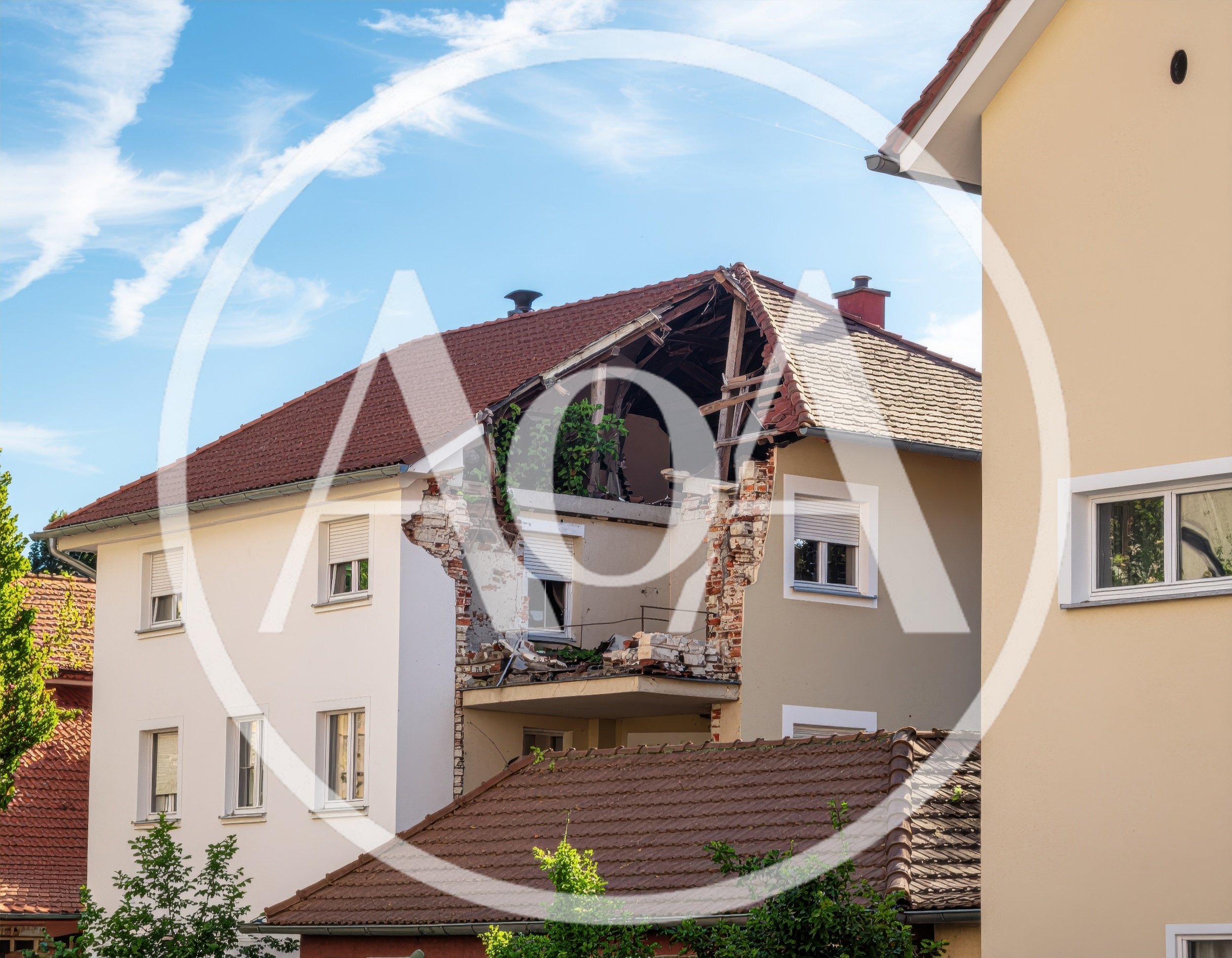 Damaged Residential Building With Structural Roof Collapse