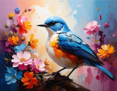 Oil Painting Of A Blue Bird Perched On A Branch