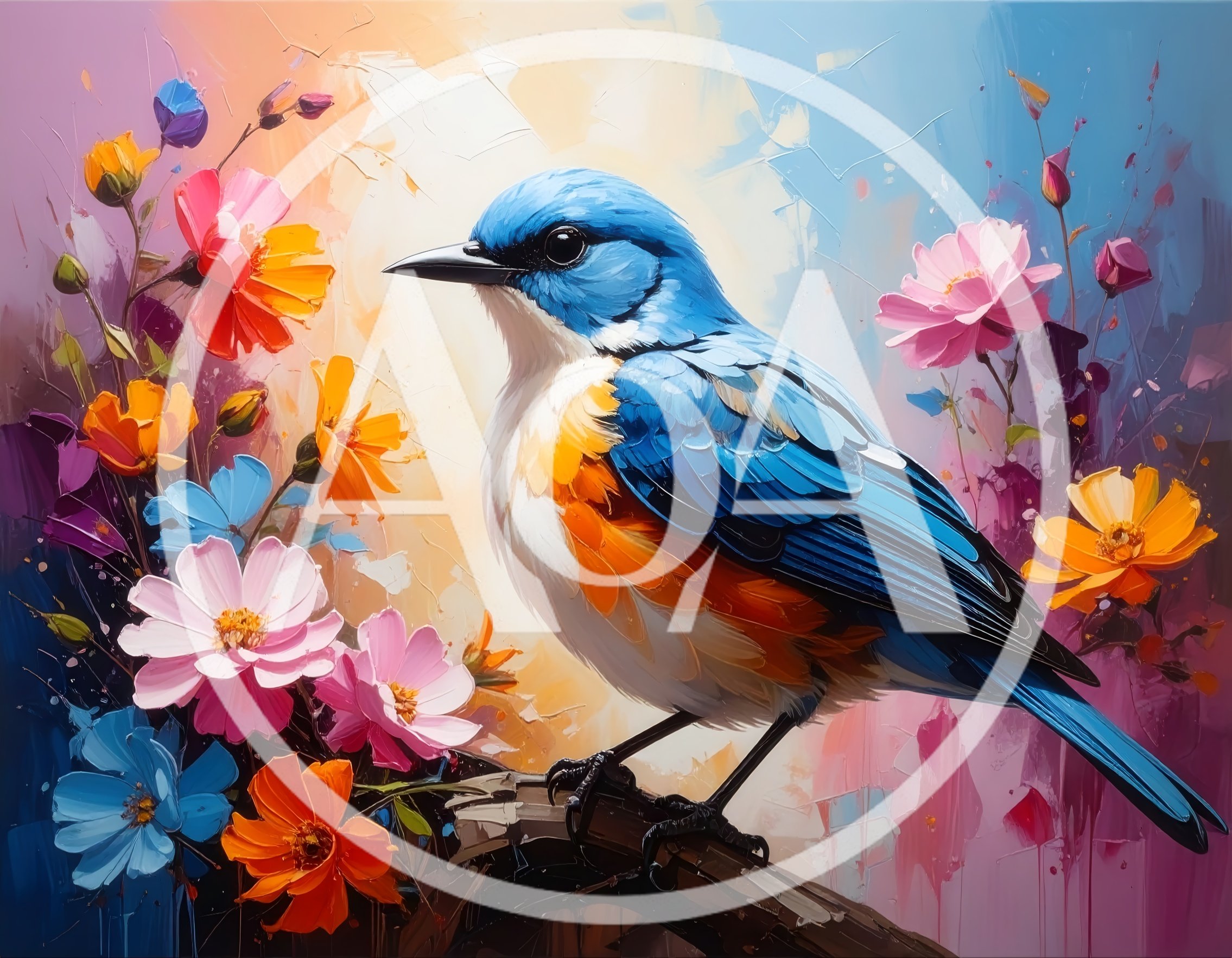 Oil Painting Of A Blue Bird Perched On A Branch