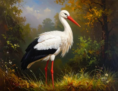 Oil Painting Of A White Stork In A Forest