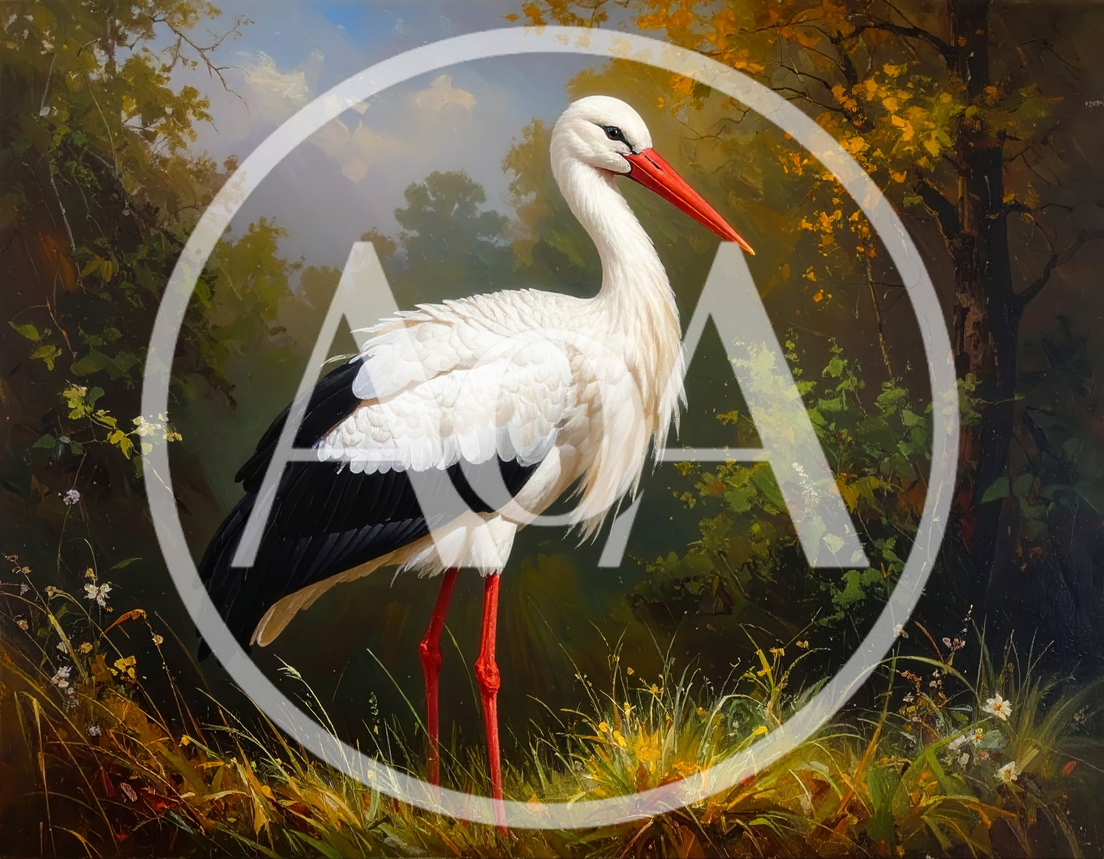 Oil Painting Of A White Stork In A Forest