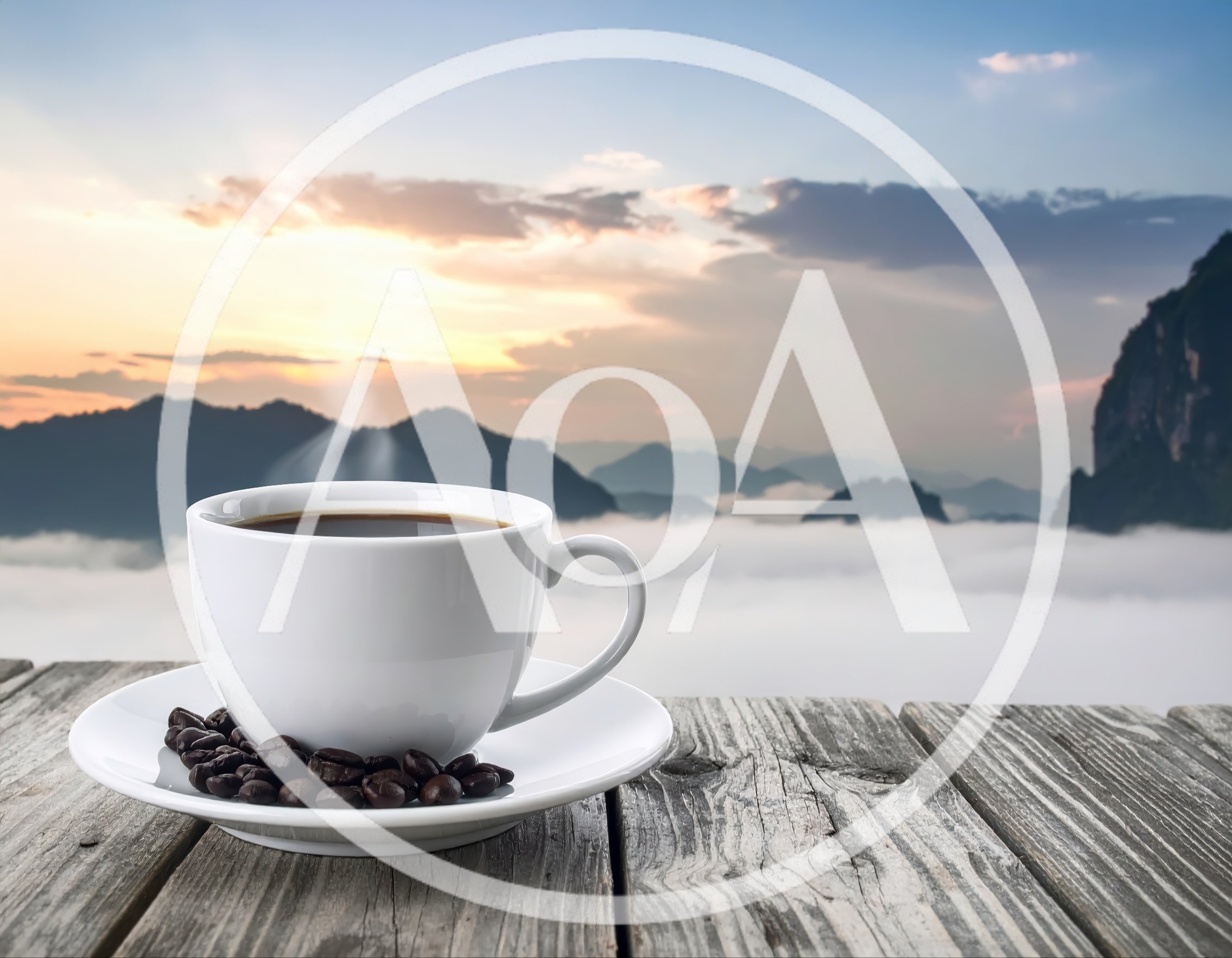 Coffee Cup on Wooden Table Overlooking Misty Mountains