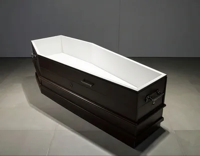 Empty Dark Wood Casket On Grey Floor