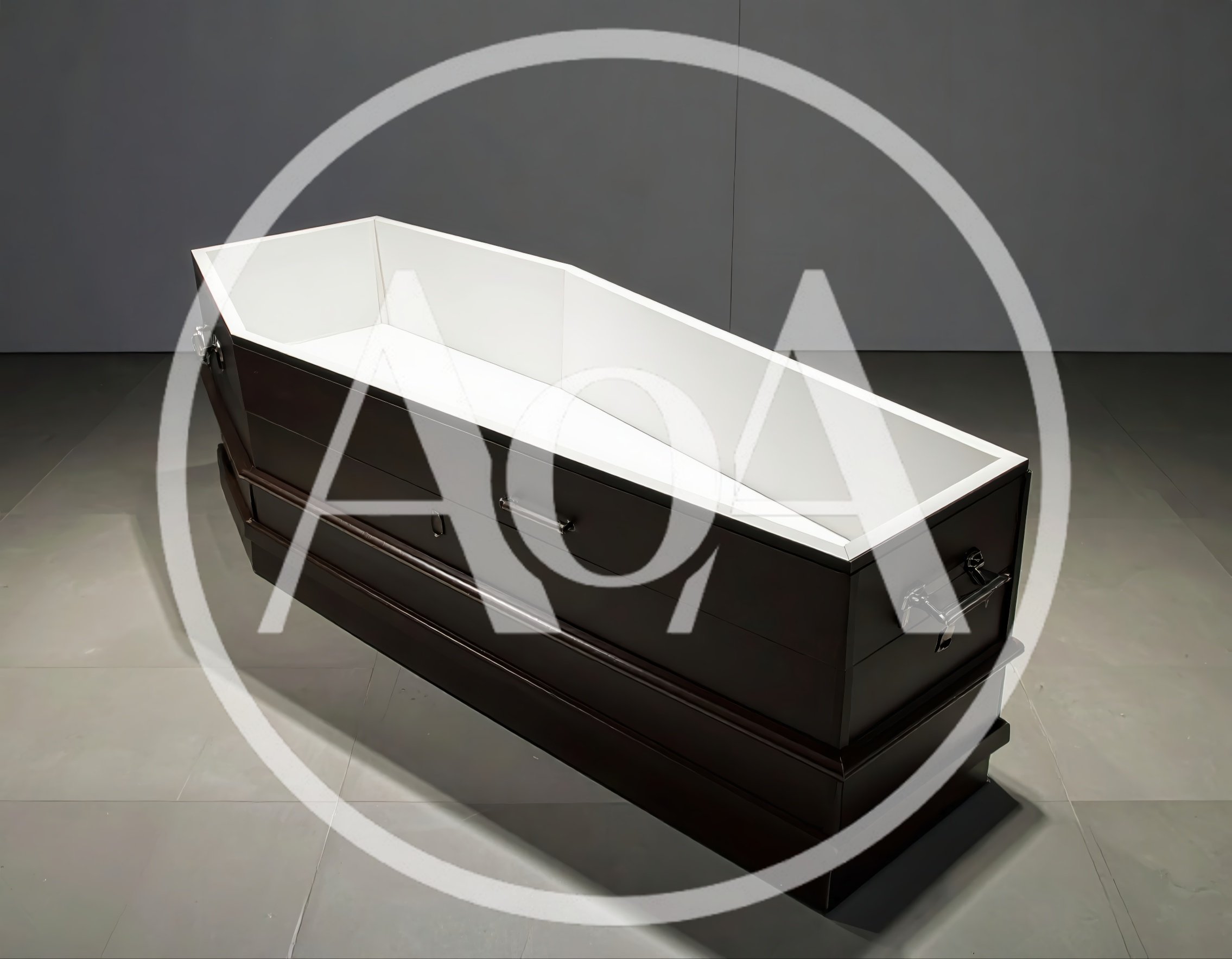 Empty Dark Wood Casket On Grey Floor