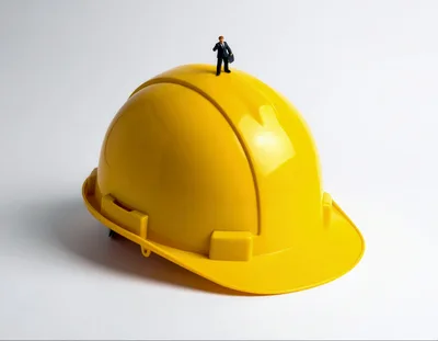 Miniature Businessman Standing On A Yellow Hard Hat